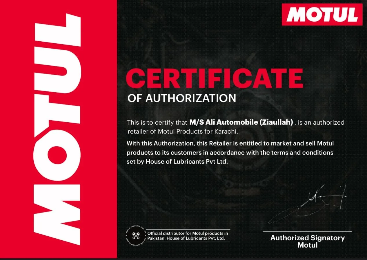 Motul Certificate of Authorization for Khan Oil Works